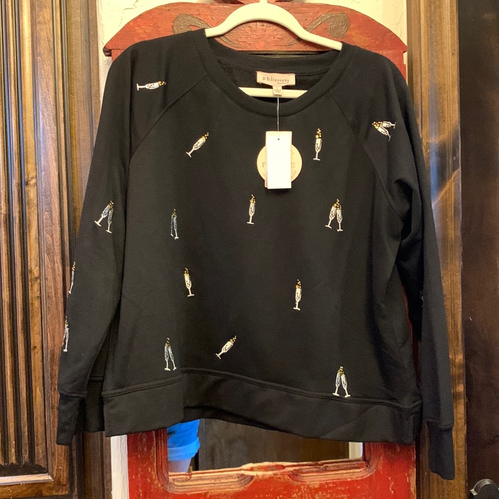 NWT Philosophy black sweatshirt with champagne glasses and rhinestones size L